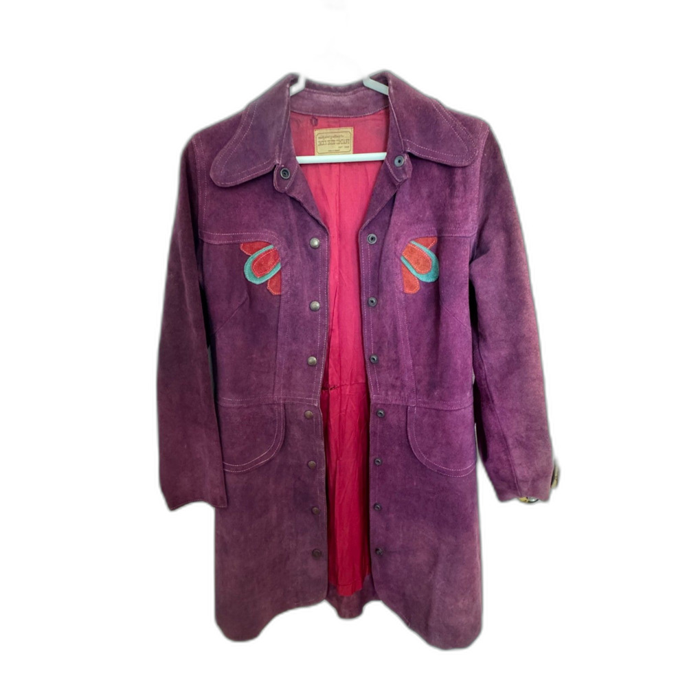 70s Margaret Godfrey for Jack's Dress Co. Purple Suede Button Up Jacket w/ Belt